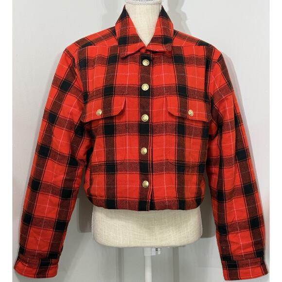 J.Crew Crop Puffer Jacket Red Buffalo Check Plaid Black Western Prep MEDIUM M - Picture 1 of 4